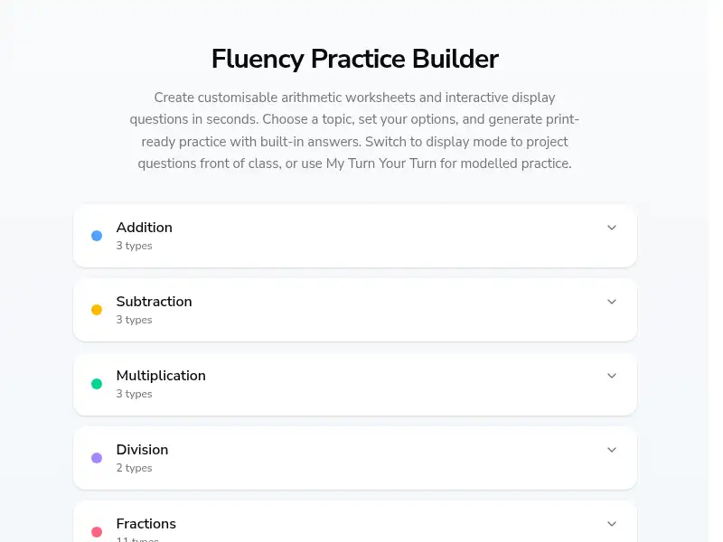 Fluency Practice Builder topic selection